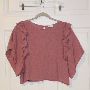 Pink Lily pink-ish ruffle tiered sleeve round neck keyhole button closure crop L